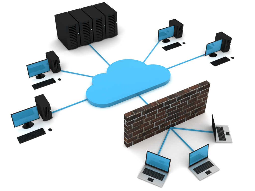 Rede de computadores protegida por um firewall dos acessos externos mostrando como o Firewall aumenta a eficiência das gestão de ti.